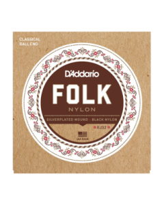 D'Addario EJ32 Folk Nylon Guitar Strings, Ball End, Silver Wound/Black Nylon Trebles